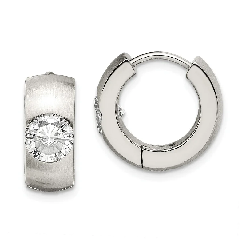 Large Dangle Earrings-Stainless Steel CZ Brushed & Polished Round Hinged Hoop Earrings