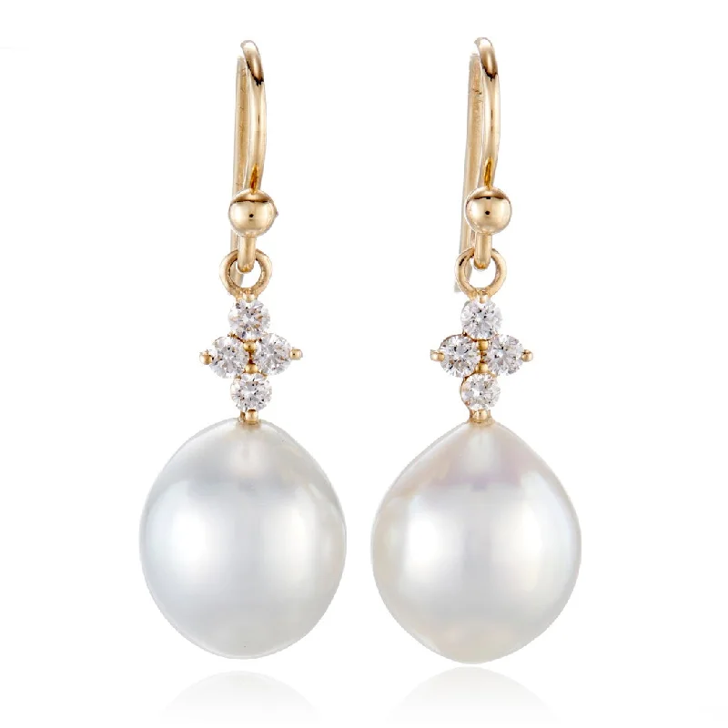 Silver Earrings for Bridesmaids-Belgravia Drop Earrings in 10mm South Sea Pearls & Diamonds