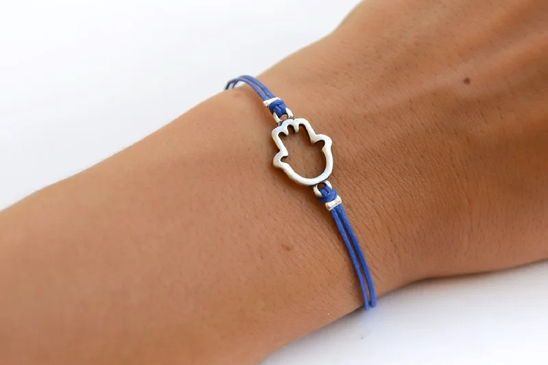 Custom Engraved Silver Bracelet-Blue cord bracelet with a silver Hamsa charm, mothers day gift