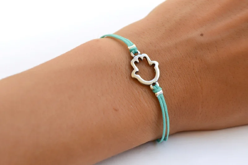 Men’s Personalized Bracelet-Turquoise cord bracelet with a silver Hamsa charm, evil eye protection