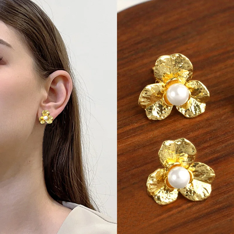 Modern Drop Earrings-1 Pair Casual Basic Flower Plating Inlay Stainless Steel Artificial Pearls 14k Gold Plated Ear Studs