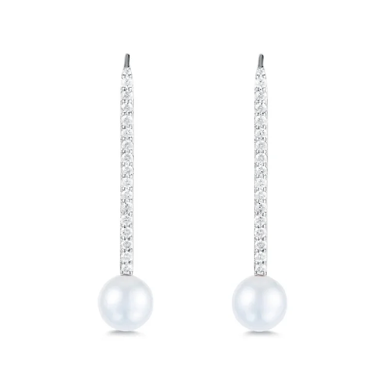 Beaded Earrings for Weddings-Diamond & Pearl Stick Earrings