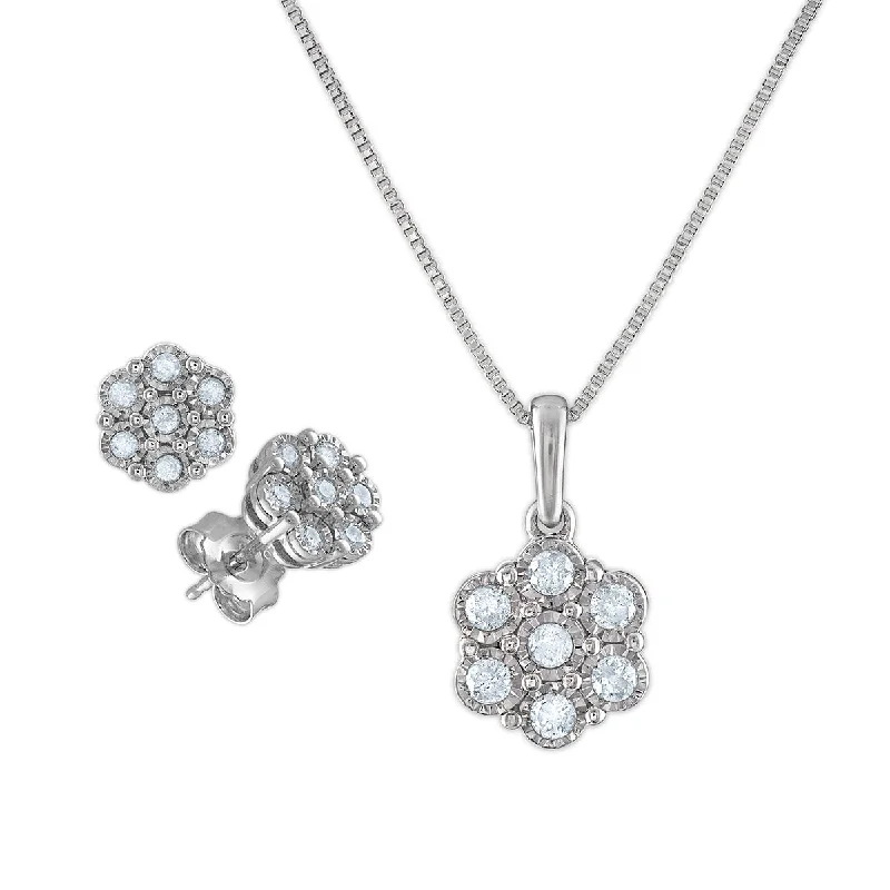 Tiny Huggie Earrings-1/2 CTW Diamond Flower 18-inch Pendant Earrings Set in Sterling Silver