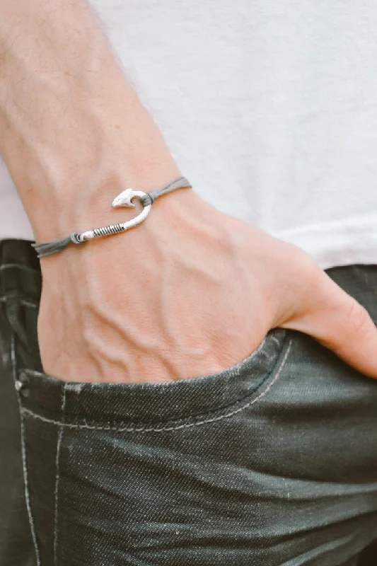 Men’s Stylish Bracelet-Gray cord bracelet for men with silver hook charm, gift for him