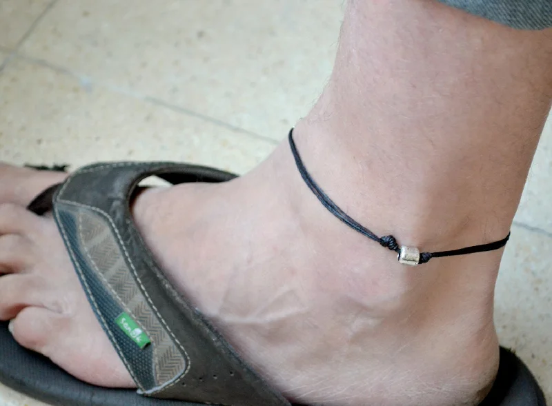 Simple Beaded Bracelet-Silver tube bead anklet for men, black cord ankle bracelet, gift for him