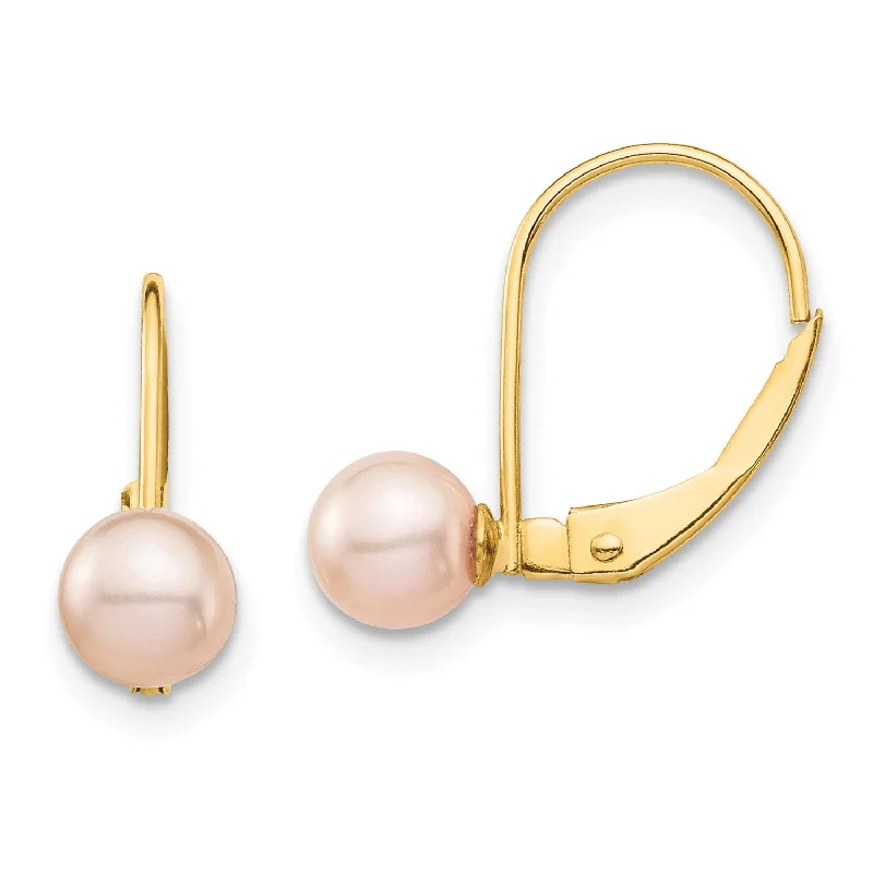 Silver Stud Earrings-5MM Round Pearl Leverback Earrings in 14KT Yellow Gold