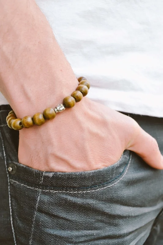 Classic Silver Bangle for Women-Silver skull bracelet for men, wood beads men's gothic jewelry, gift wrapped