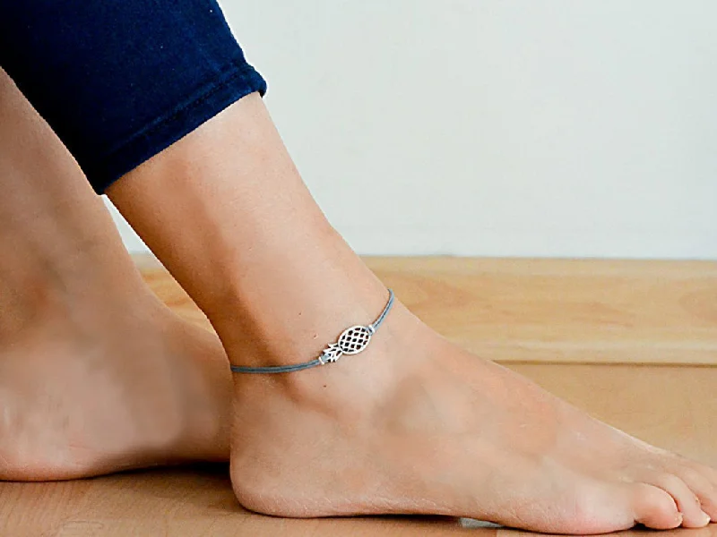 Fashionable Chain Bracelet-Silver pineapple anklet, gray cord ankle bracelet, handmade gift for her