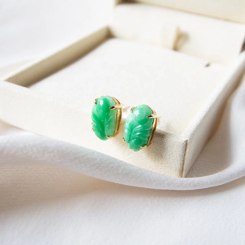 Diamond Dangle Earrings-Vintage Carved Jade 14K Gold Studs