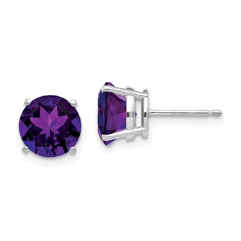 Trendy Earrings for Bridesmaids-8MM Round Amethyst Stud Earrings in 14KT White Gold