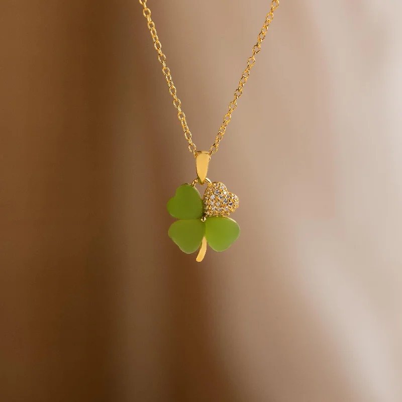 Classic Layered Necklace-Pave Jade Clover Necklace