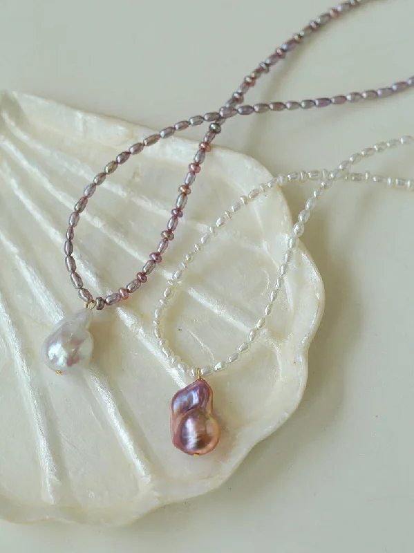 Classic Silver Necklace for Women-Rice Pearl and Purple Baroque Pearl Pendant Necklace