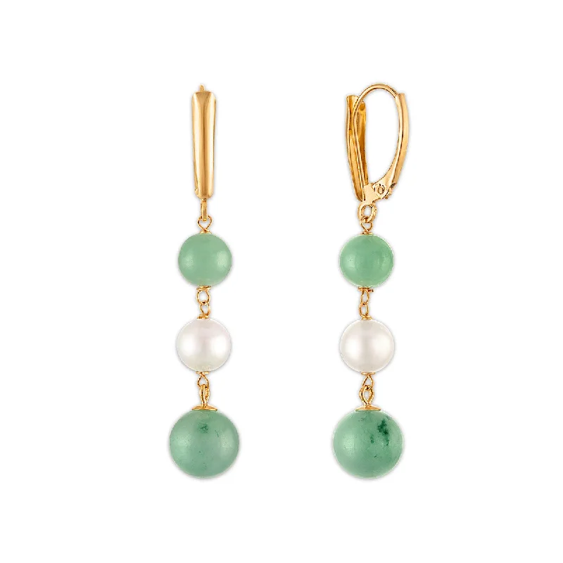 Fashionable Stud Earrings-Jade and Fresh Water Pearl Earrings in 14KT Yellow Gold