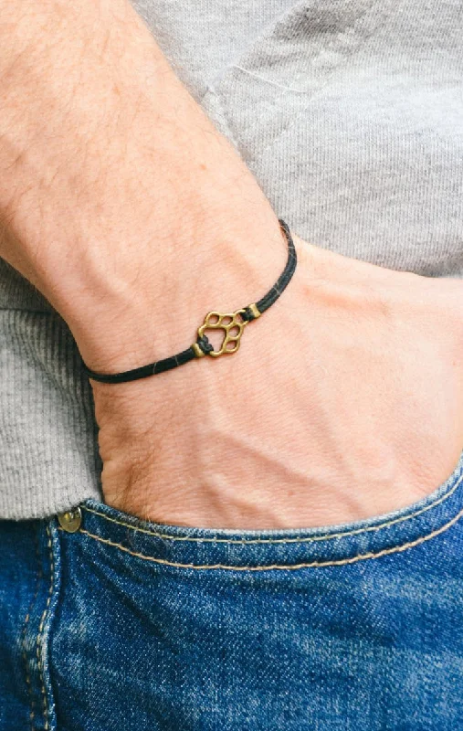 Elegant Men’s Bracelet-Bronze paw charm bracelet for men, black cord, gift for him