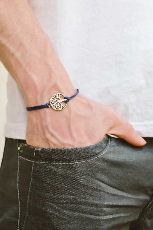 Personalized Gold Charm Bracelet-Tree of life men's bracelet, blue cord, Yoga gift for him, silver circle charm