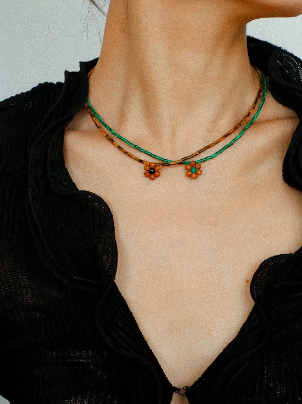 Heart Shaped Necklace-Sandalwood Floret Red Agate Speckled Stone Tube Beads Beaded Necklace