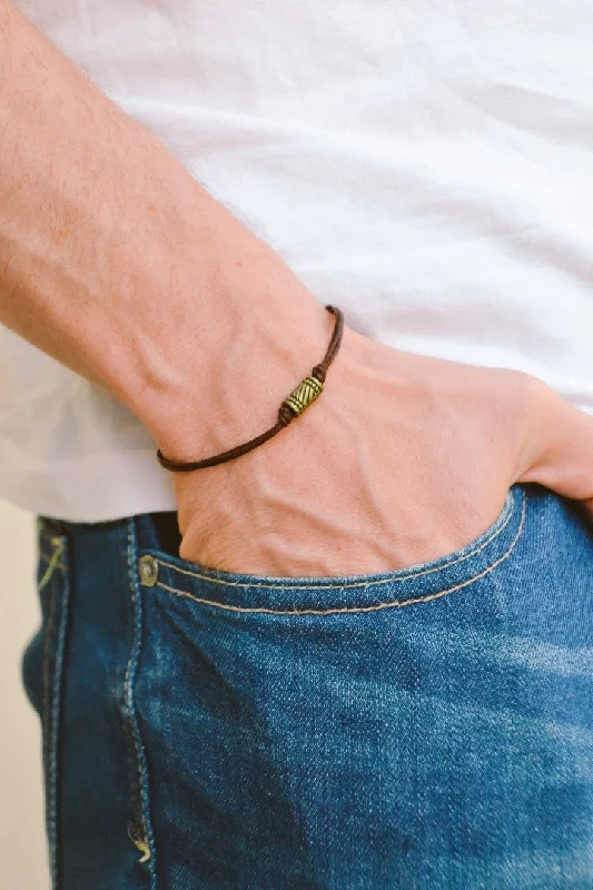 Simple Silver Bangle-Brown cord bracelet for men, bronze tube