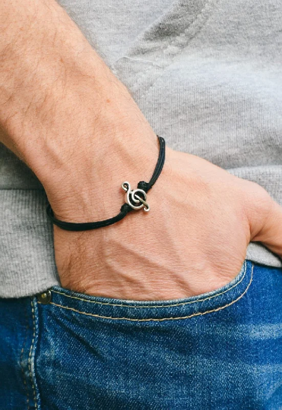 Silver Bracelet for Bridesmaids-Silver Treble clef bracelet for men, black cords