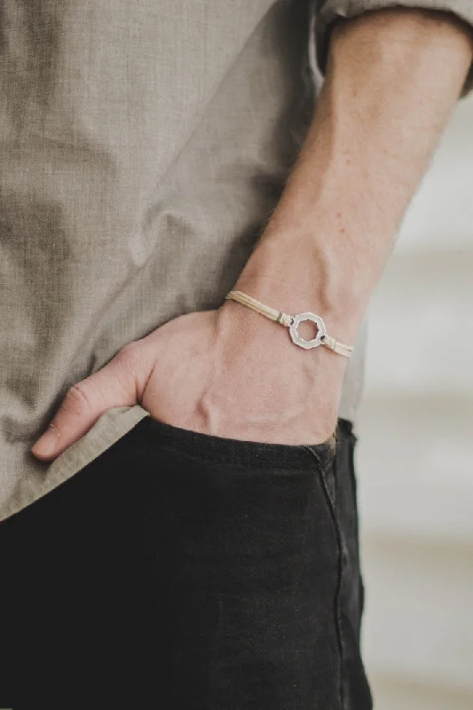 Adjustable Bracelet for Women-Bracelet for men, silver hexagon charm bracelet for him, beige string, customized handmade fathers day gift