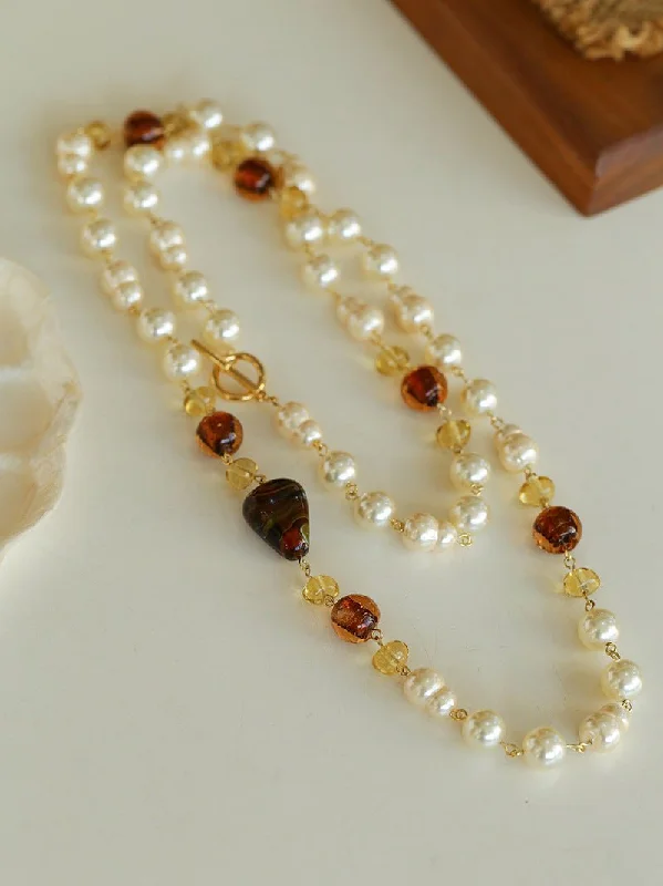 Handmade Gemstone Necklace-Byzantine Elegance Gourd Pearl Necklace Classic Light Luxury Sweater Chain