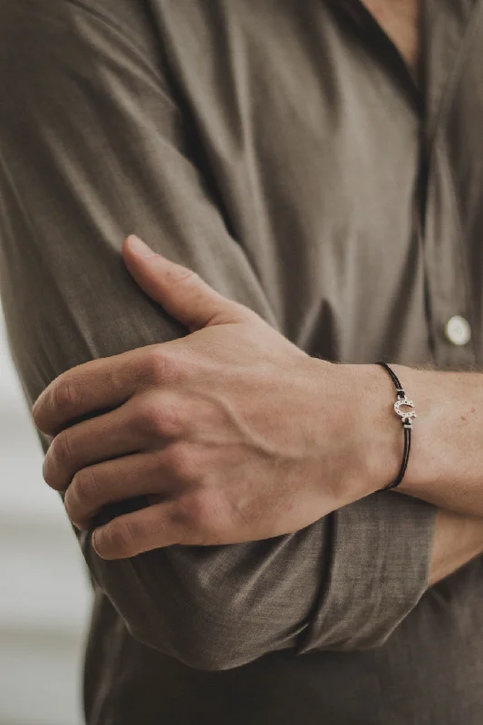 Modern Silver Bracelet-Silver Horseshoe bracelet for men, black cords