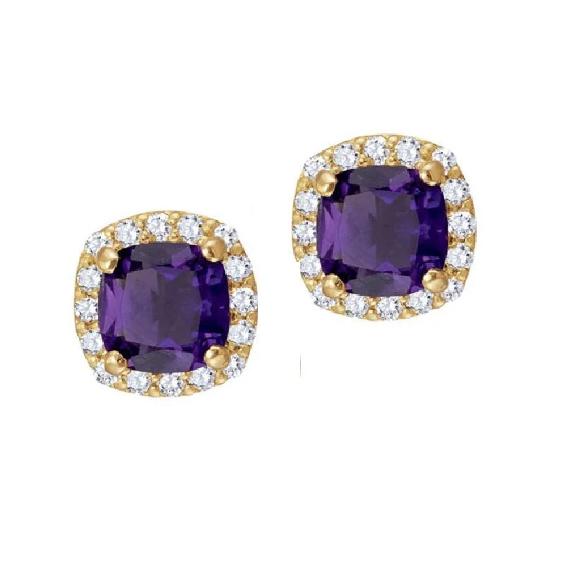 Black Diamond Earrings-5MM Cushion Amethyst and White Sapphire Birthstone Halo Stud Earrings in 10KT Yellow Gold