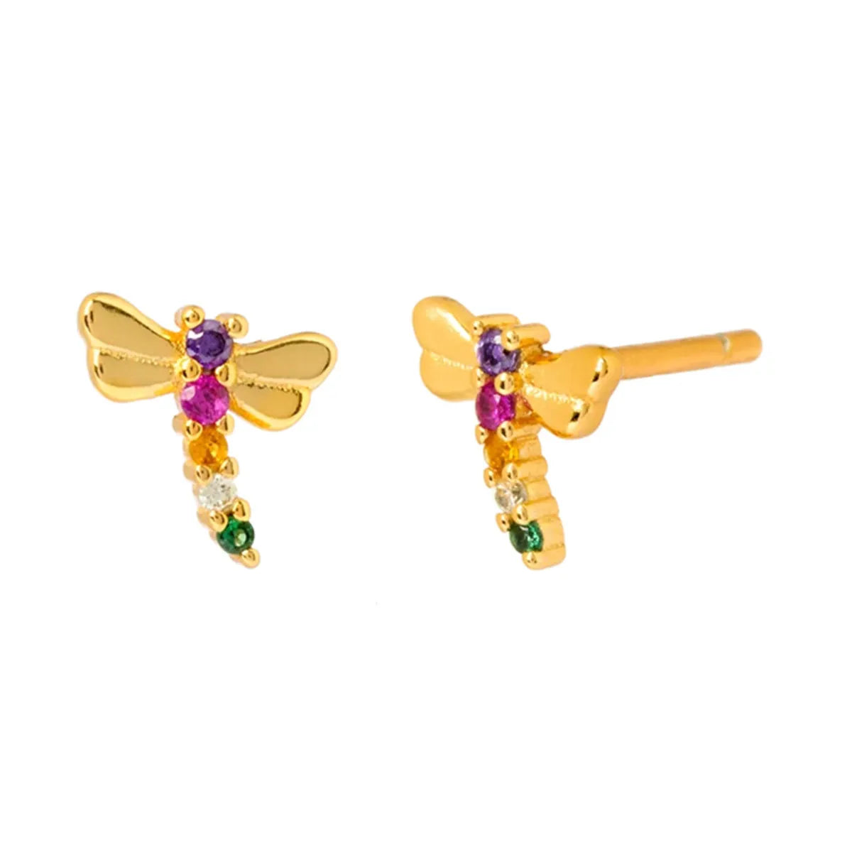 Pearl and Gold Earrings-Simple Style Dragonfly Copper Inlay Zircon Ear Studs 1 Pair