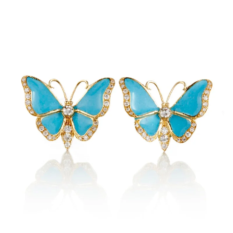 Fine Silver Earrings-Diamond & Blue Enamel Butterfly Earrings