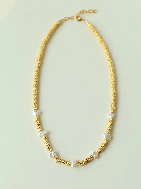 Gold Necklace with Emerald-Lava Metal Fragment and Baroque Pearl Beaded Necklace