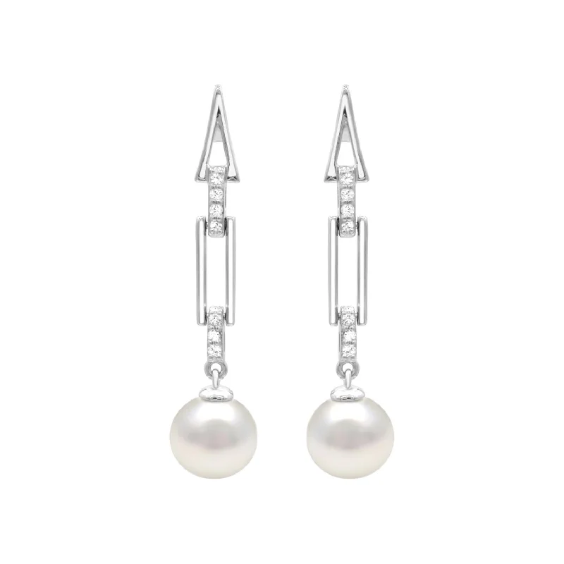 Wedding Earrings for Bride-8.5X9MM Round Pearl and White Sapphire Drop & Dangle Earrings in Sterling Silver