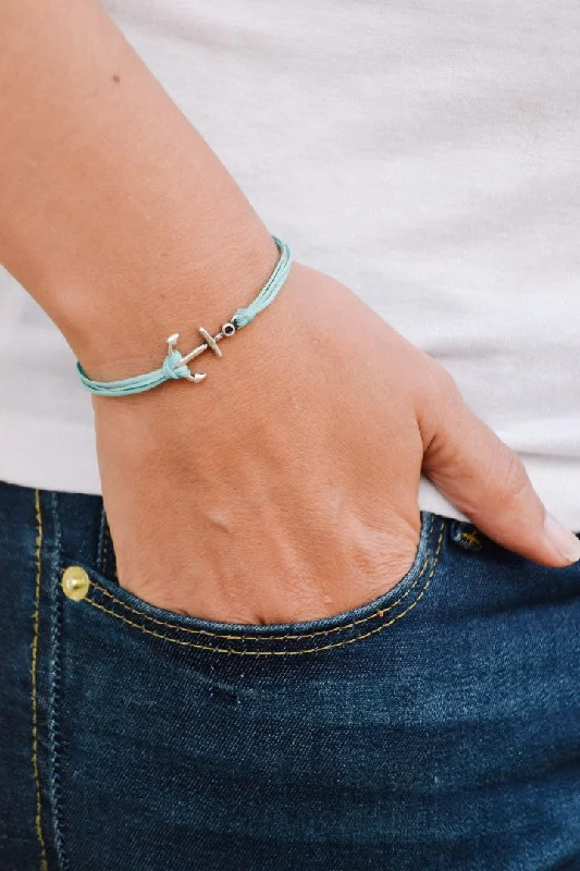 Sparkling Silver Bracelet-Silver anchor charm bracelet for women, turquoise cord, gift for her