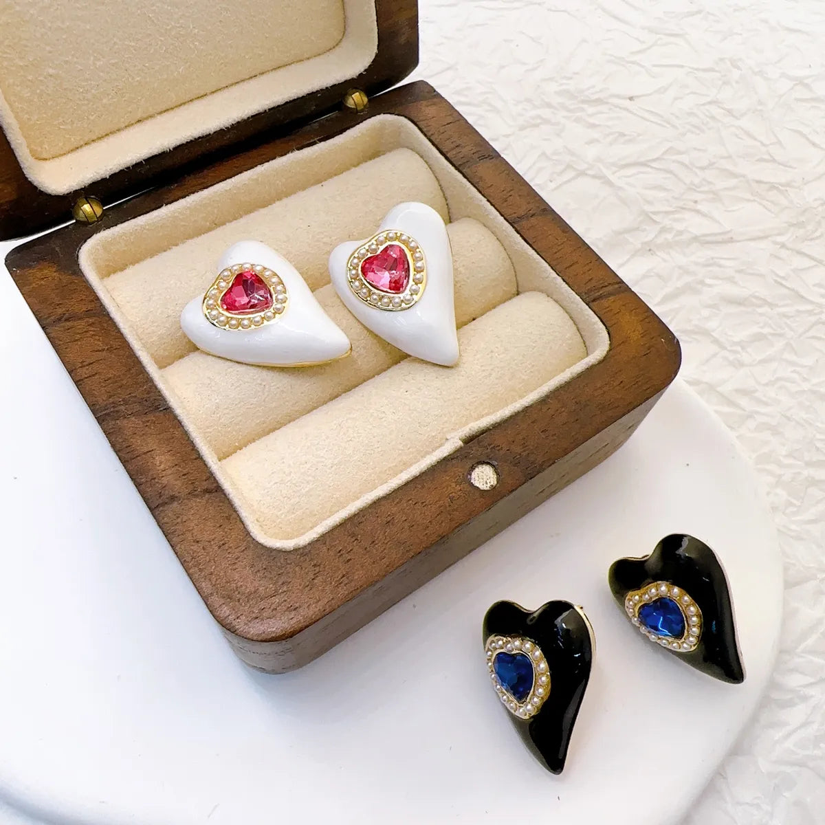 Gemstone Stud Earrings-1 Pair Sweet Heart Shape Enamel Inlay Copper Zircon Ear Studs