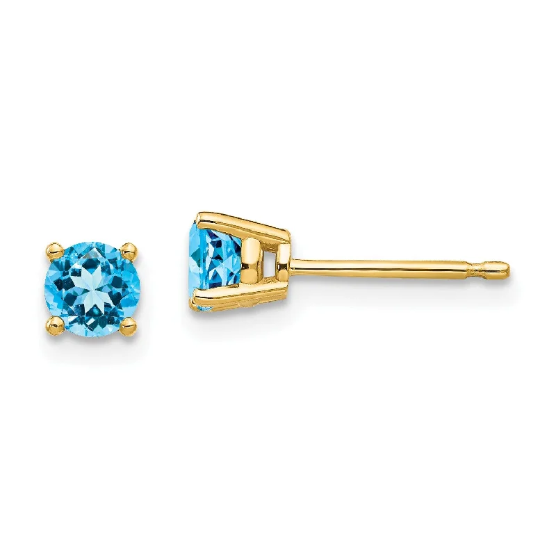 Large Stud Earrings-4MM Round Swiss Blue Topaz Stud Earrings in 14KT Yellow Gold