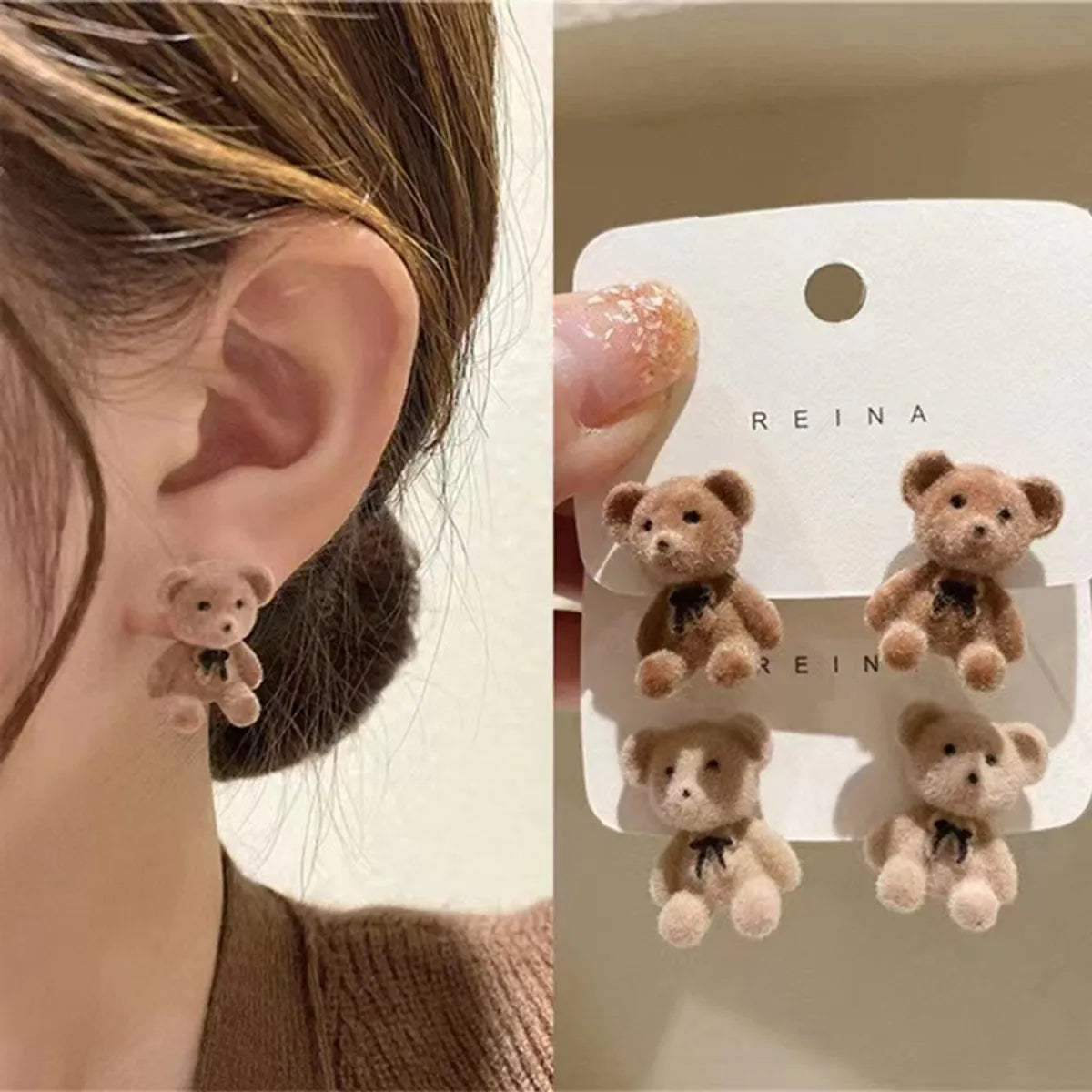 Custom Earrings for Bridesmaids-1 Pair Cute Sweet Bear Alloy Flocking Ear Studs