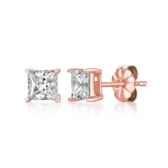 Moon Shaped Earrings-Crislu 18KT Rose Gold Plated Sterling Silver Princess Cut Cubic Zirconia Stud Earrings