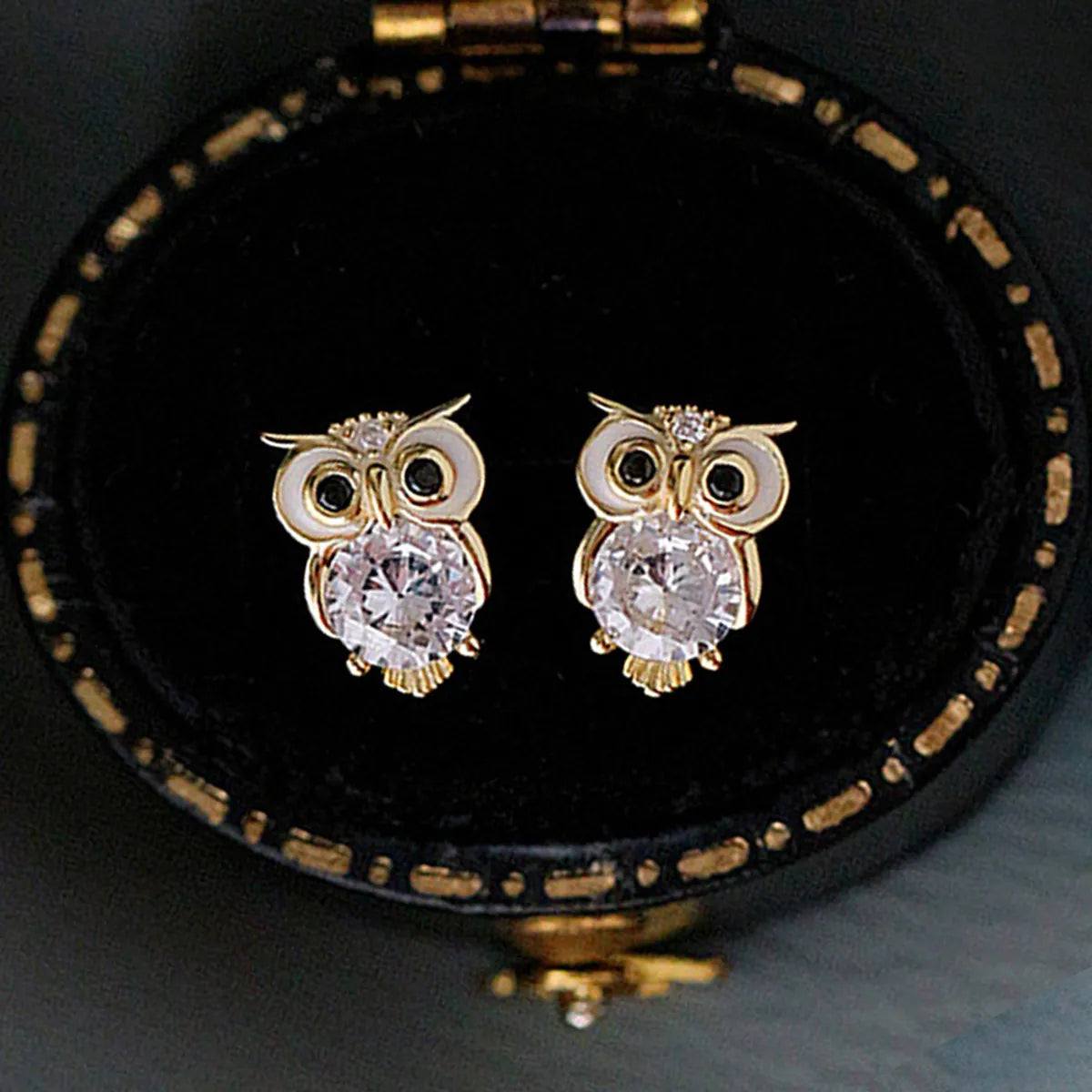 Vintage Dangle Earrings-Fashion Owl Copper Inlay Zircon Ear Studs 1 Pair