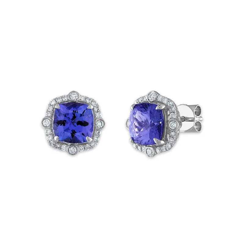 Custom Engraved Earrings-7MM Cushion Tanzanite and Diamond Halo Stud Earrings in 14KT White Gold