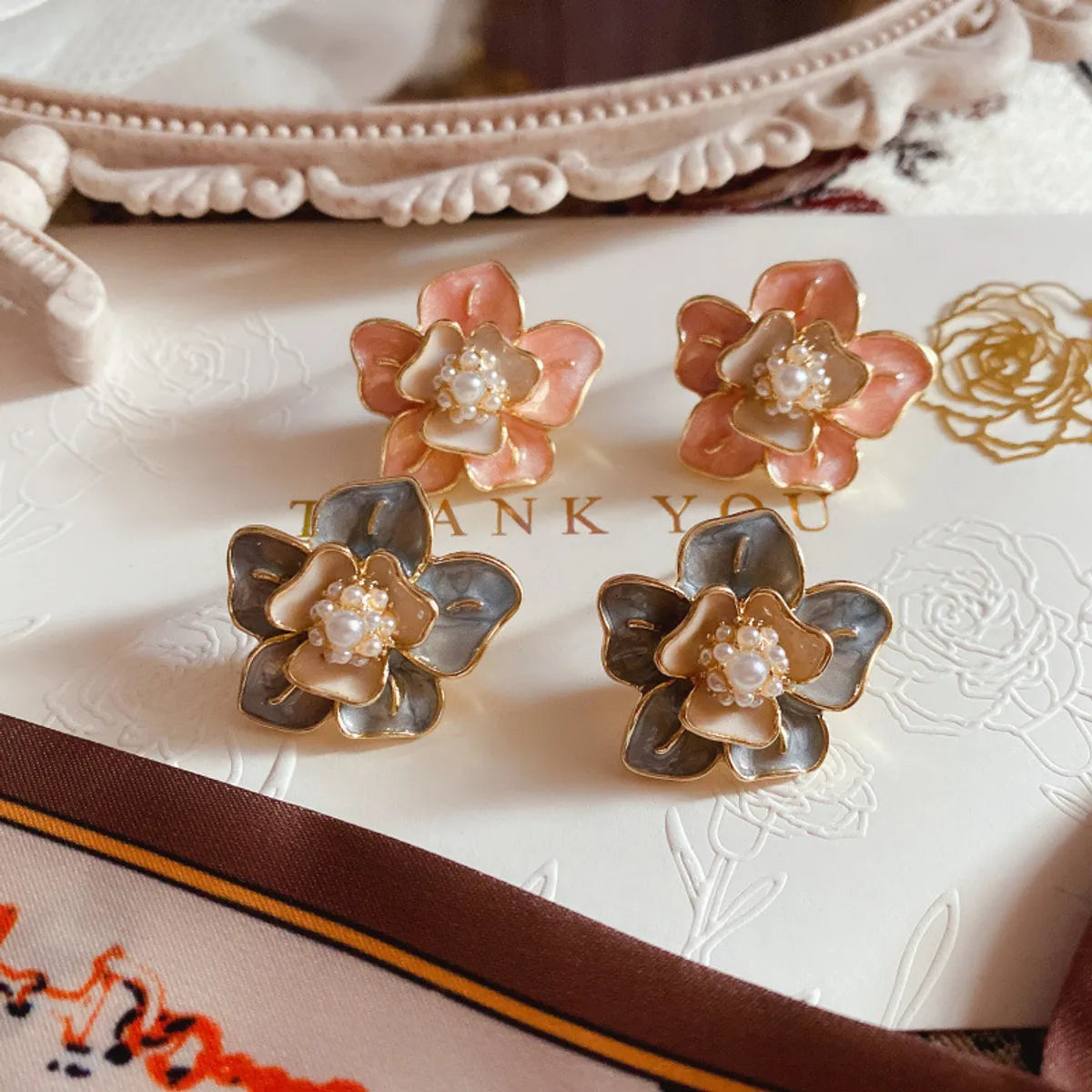 Gemstone Hoop Earrings-1 Pair Retro Flower Alloy Enamel Artificial Pearls Women's Ear Studs