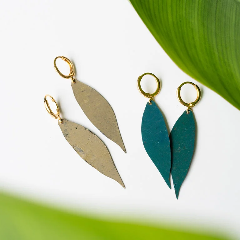 Modern Gold Earrings-Patina Leaf Hoops