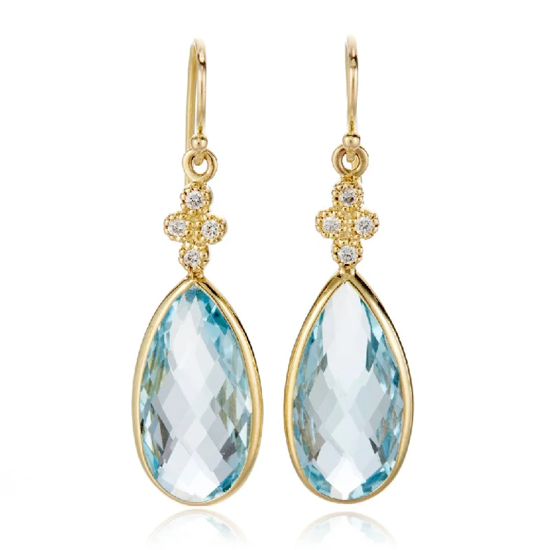 Gold Earrings for Teens-Swiss Blue Topaz & Diamond Drop Earrings