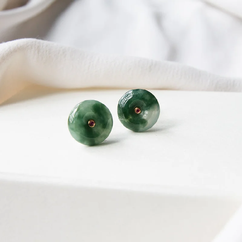 Gemstone Stud Earrings-Jade and Ruby Studs