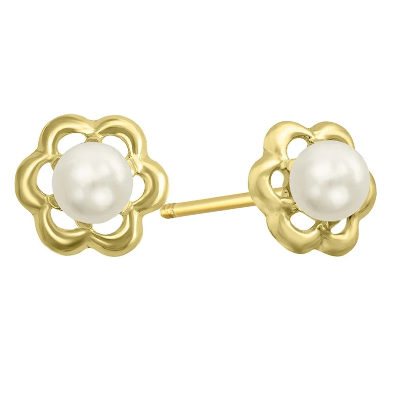 Small Gold Hoop Earrings-Pearl Rosette Earrings in 14KT Yellow Gold