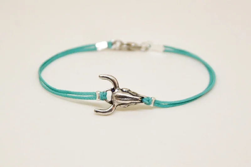 Diamond Tennis Bracelet for Women-Men's bracelet with silver bull charm, turquoise cord, bull skull