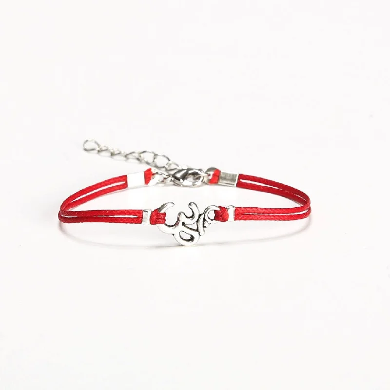 Elegant Diamond Bracelet for Weddings-Women bracelet with a silver tone Om charm, red cord, yoga jewelry