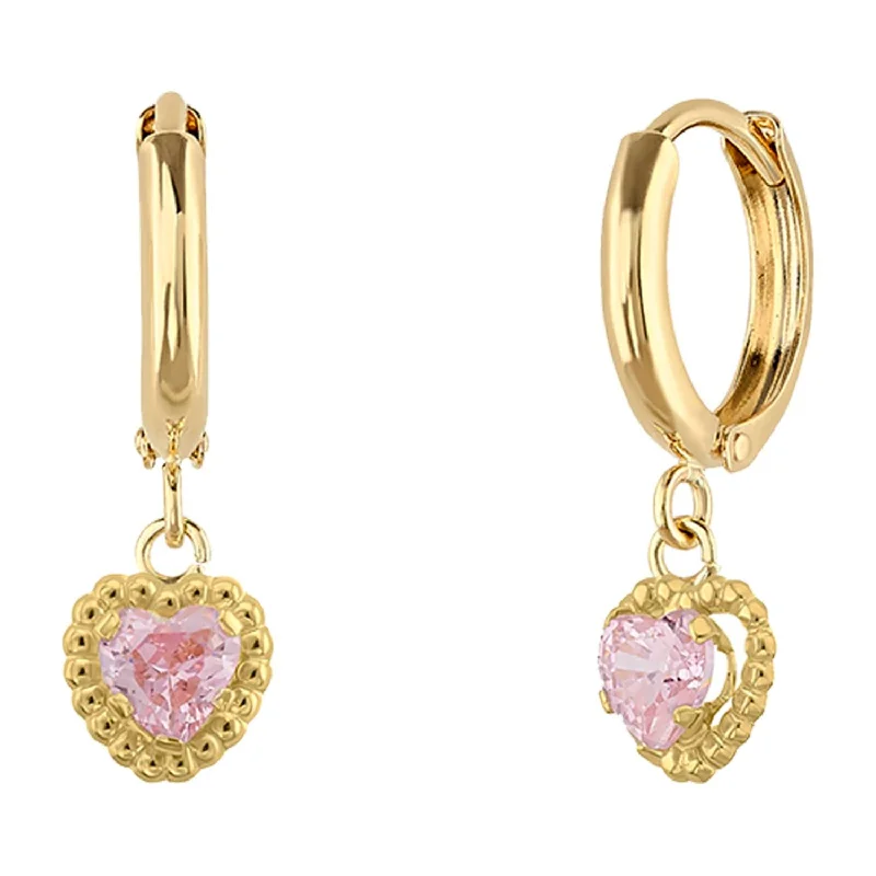 Beautiful Pearl Drop Earrings-14KT Yellow Gold and Cubic Zirconia Heart Huggie Earrings