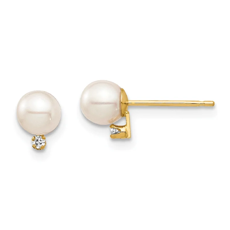 Gorgeous Diamond Earrings-4MM Round Pearl and Diamond Stud Earrings in 14KT Yellow Gold