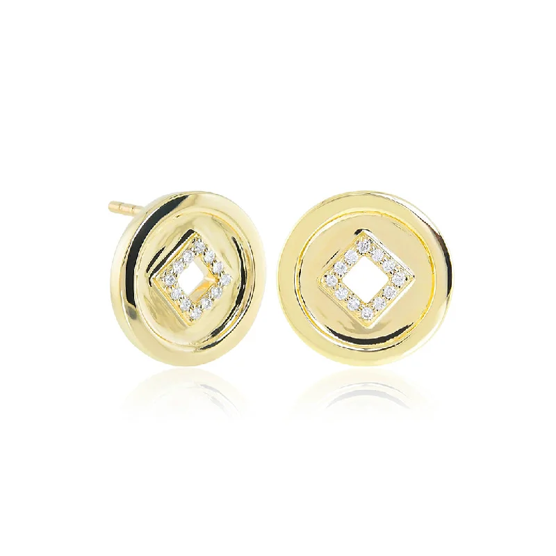 Fashionable Stud Earrings-Lucky Coin & Diamond Stud Earrings