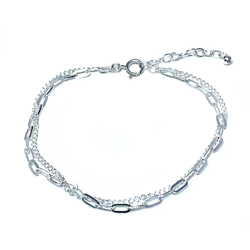 Custom Engraved Leather Bracelet-Double Layered Sterling Silver Chain Bracelet