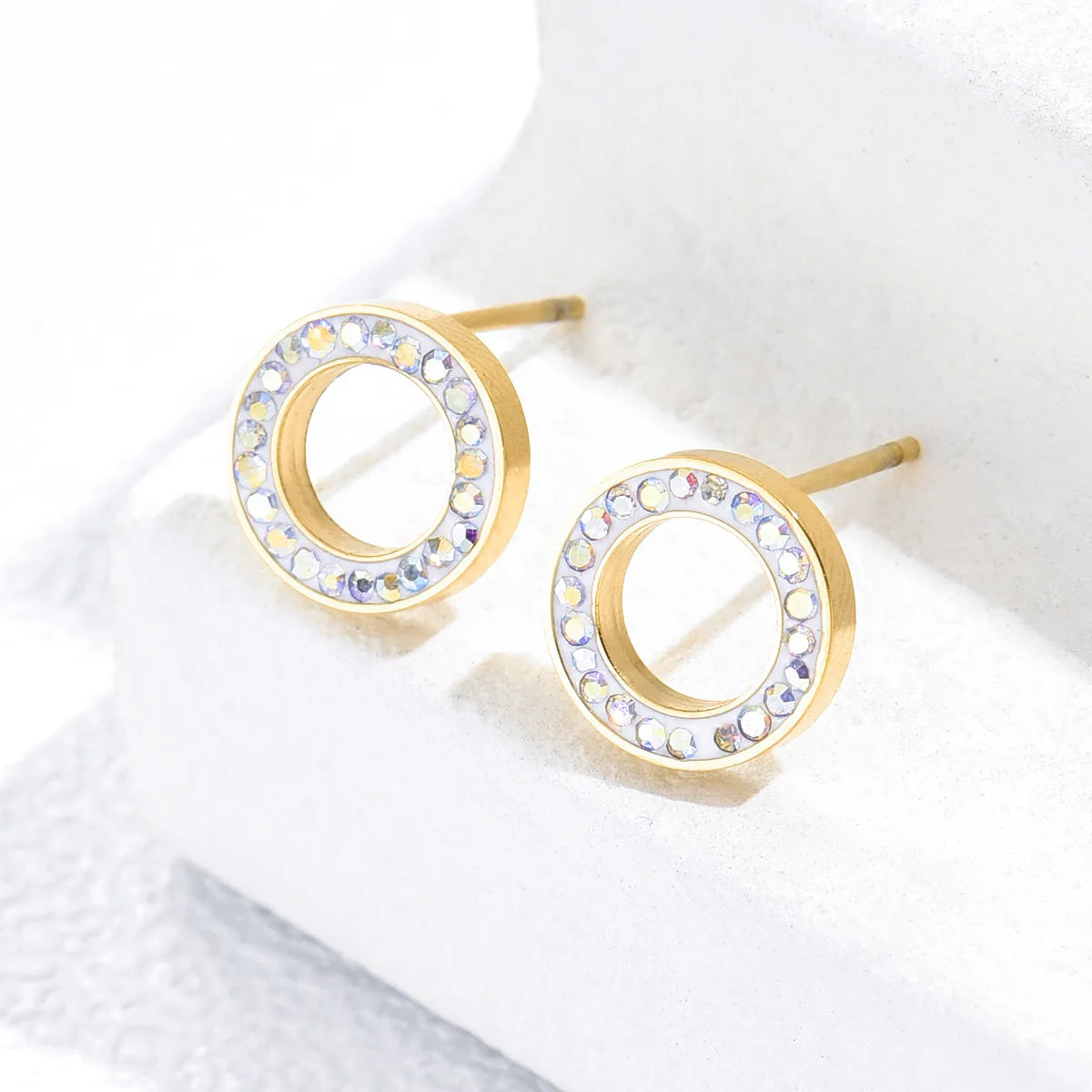 Classic Diamond Earrings-1 Pair Simple Style Round Stainless Steel Plating Inlay Rhinestones 14k Gold Plated Ear Studs