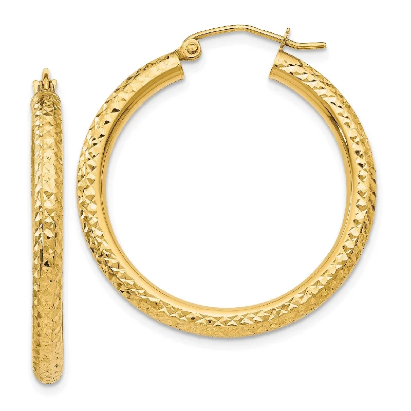 Chic Dangle Earrings-14KT Yellow Gold 30X3MM Diamond-cut Hoop Earrings